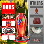 24 OZ Hummingbird Feeder for Outdoors Hanging, | Heavy-Duty Thick Glass With Floral Decals, Leak-Resistant Metal Base, 5 Feeding Ports & Perch