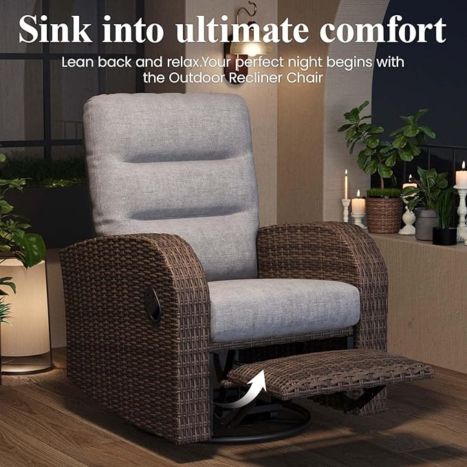 LayinSun Oversized Wicker Outdoor Swivel Glider Recliner with Adjustable Backrest & Footrest, Patio Reclining Lounge Chair - Set of 2