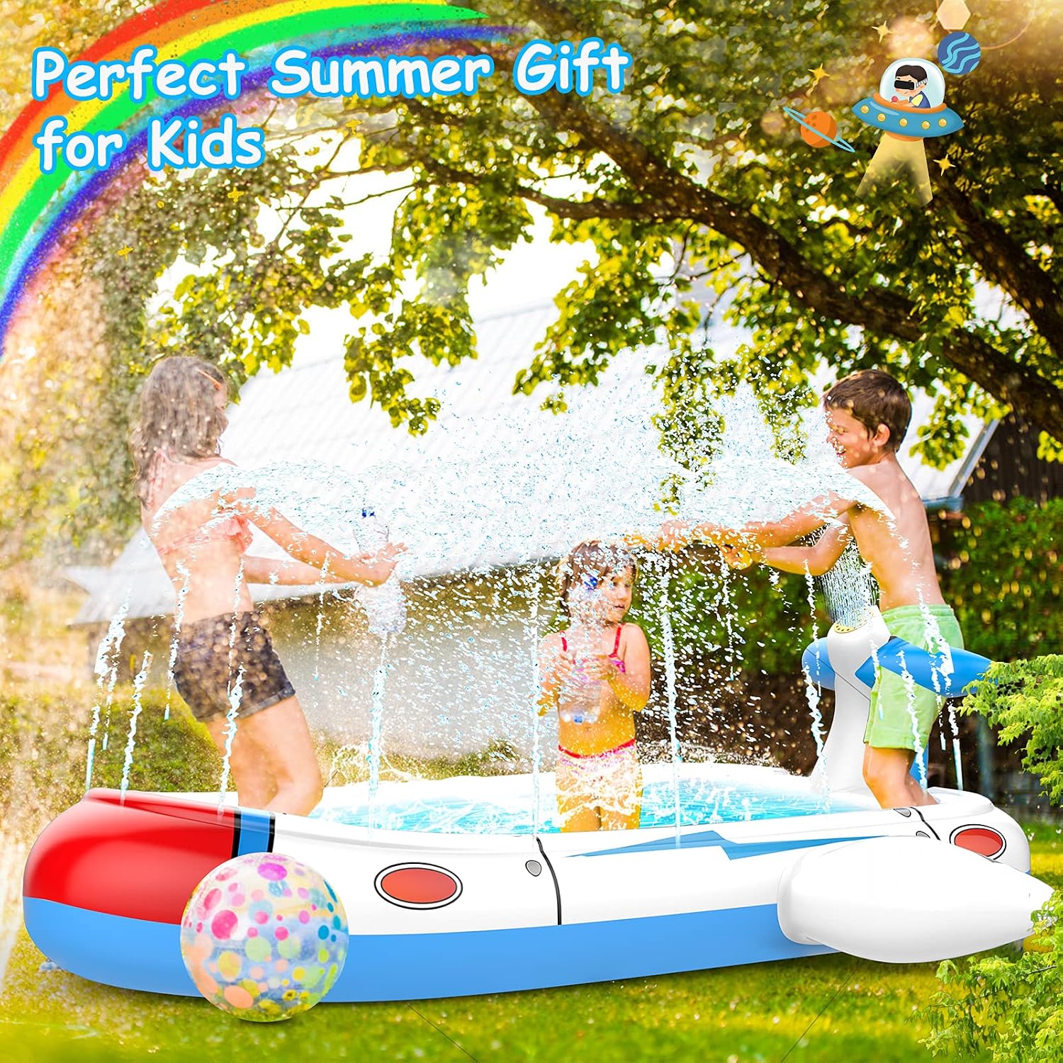 Kiddie Pool Splash Pad for Kids 68" x 38" x 21.5" | 3-in-1 Inflatable Sprinkler Pool for Toddlers Ages 3-8, Backyard Water Play Mat, Outdoor Summer Wading Pool for Boys & Girls