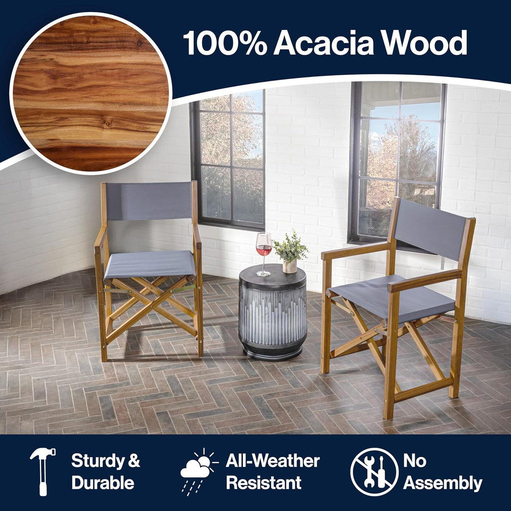 JONATHAN Y Cukor Acacia Wood Folding Director Chair Set of 2, Gray | Outdoor, Weight Capacity 260 Lbs, Teak Brown Finish, Weather-Resistant Textile, For Patio, Deck And Balcony