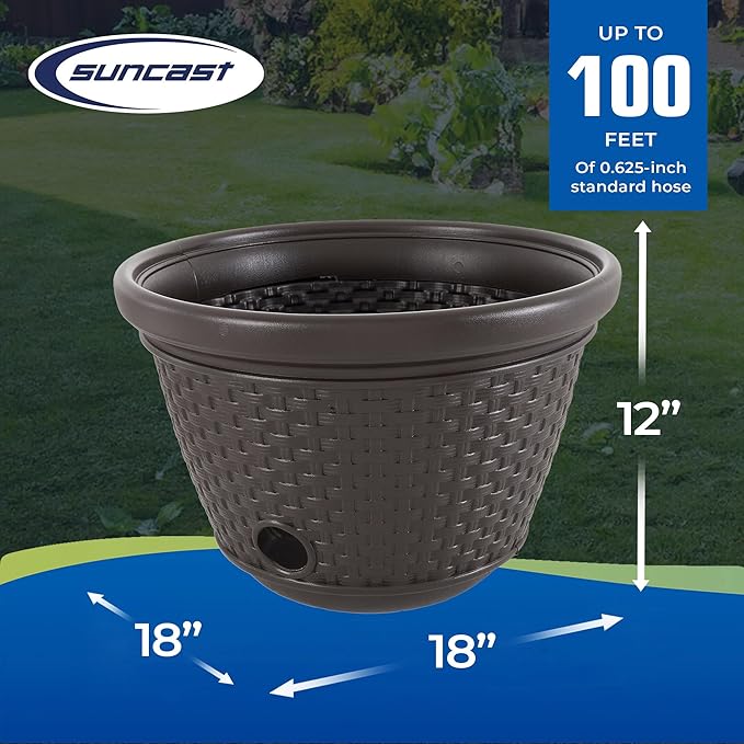 Suncast 2 Pack Decorative Wicker Garden Hose Holder Pot with 4 Drain Holes for 100 Foot Hoses, Java