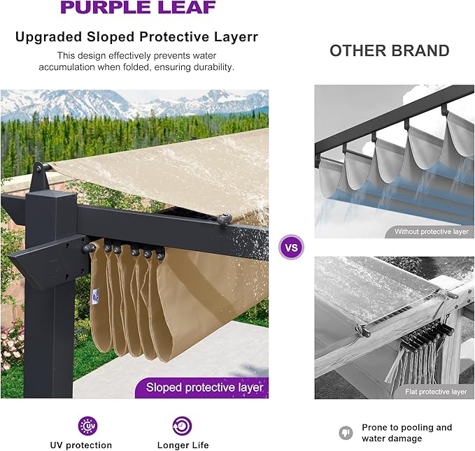 PURPLE LEAF 10' x 13' Aluminum Outdoor Pergola Wind-Resistant Retractable Pergola with Double Sun Shade Canopy Heavy-Duty Metal Pergola for Patios Backyard Deck Garden, Khaki