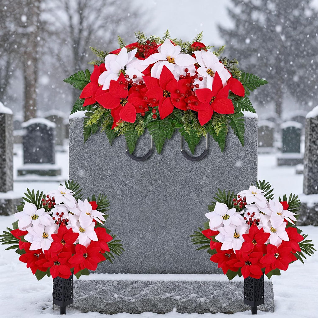 3 sets christmas cemetery flowers for grave, poinsettia, main product view
