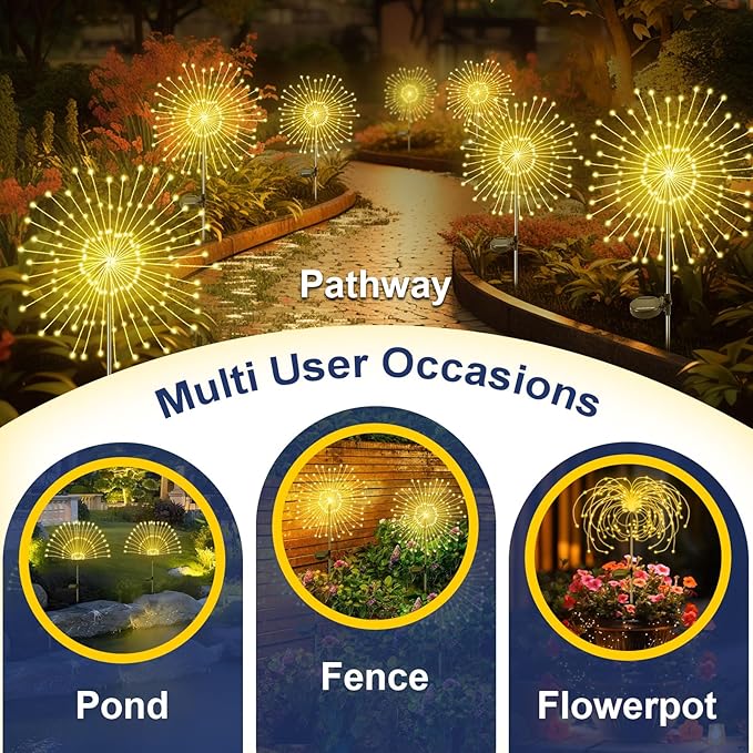Solar Garden Lights Outdoor, 2 Pack 120 LED Twinkling Firework Lights Decorative with 2 Modes, Outdoor Waterproof Solar Starburst Light for Outside Yard Pathway Garden Decor, Warm White