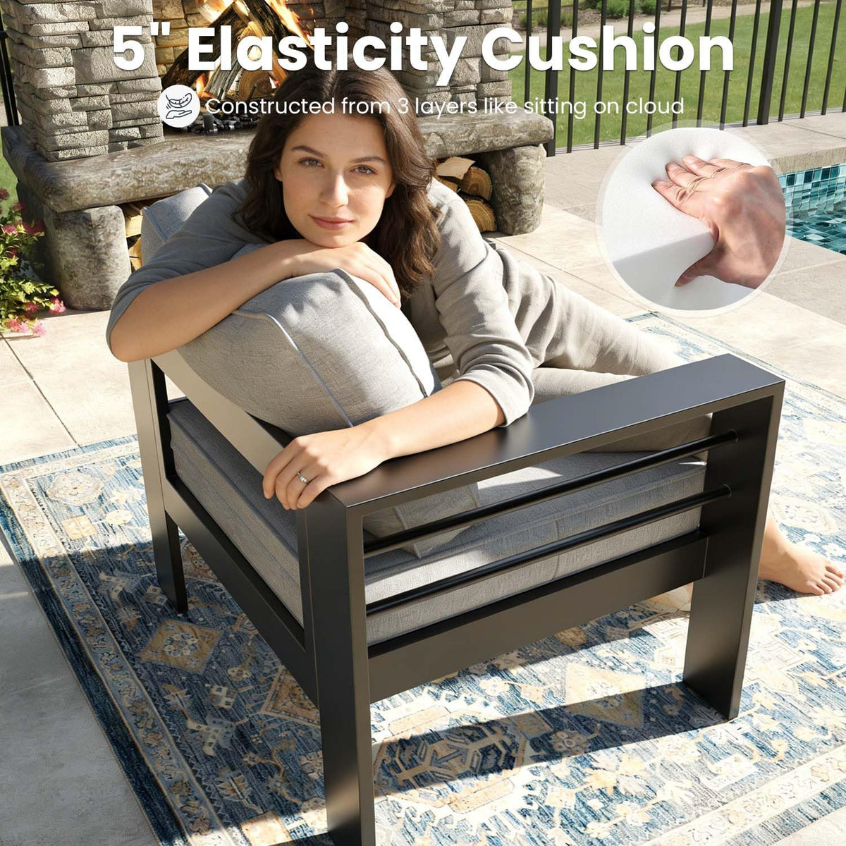 5 pieces modern aluminum patio furniture set, outdoor shown in use