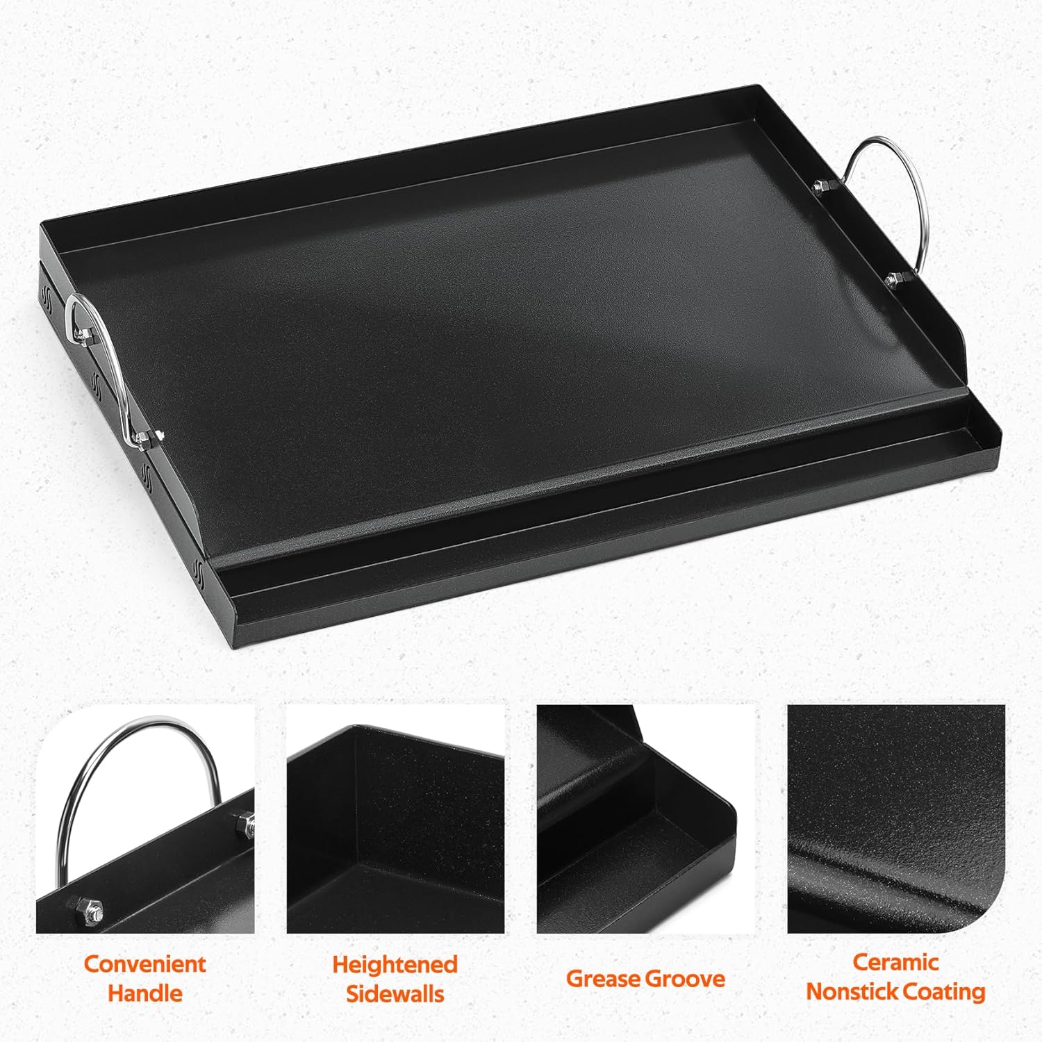 Onlyfire Universal BBQ Griddle with Handles for Most Grills, Ceramic Coated Non-stick Flat Top Griddle for Outdoor Cooking, 18"L x 12.6"W x 2.8"H " | Ceramic Coated Non-stick Flat Top Griddle for Outdoor Cooking
