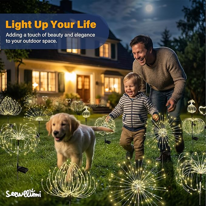 Solar Garden Lights Outdoor Decorative, 2pack 120 LED Firework Lights Waterproof，Solar Fairy Lights for Outside,Garden,Yard, Patio,Pathway,Flowerbed,Party(Warm White)