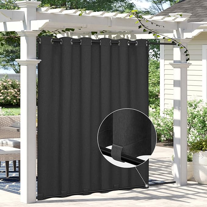 Easy-Going Linen Look Outdoor Curtains Waterproof Windproof Porch Curtains, Soft Thicken Outdoor Privacy Curtains for Patio, Gazebo, Grommet Top and Tab Bottom Drape, 1 Panel, 110x120 inch, Black