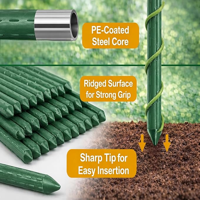 Garden Stakes 40 Pack, 16 Inch Plastic Coated Metal Tomato Stakes, DIY 4ft 5ft 6ft 7ft Plant Support Stakes with 28 Connectors 28 Rotatable Clips 28 Plant Clips for Indoor Outdoor Vegetables