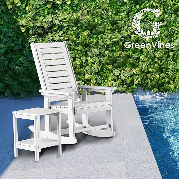 GREENVINES Outdoor Rocking Chairs | Set of 4 | Porch Rocker | HDPE Plastic | White | Oversized Rockers | High Back | Big & Tall | Ladder Back | for Patio Outside Backyard Balcony Garden