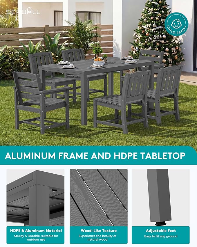 SERWALL 9-Piece Outdoor Dining Set, 60" - 83" Expandable Outdoor Dining Table and 8 HDPE Chairs, All Weather HDPE Outdoor Furniture Set for Backyard, Garden, Grey