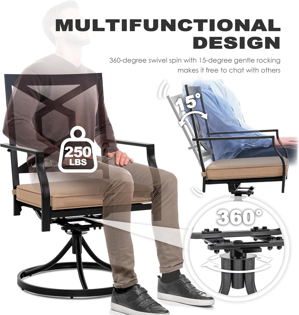 NUU GARDEN Outdoor Patio Swivel Chair Set of 2, Iron Swivel Rocker Dining Chairs with Padded Cushions, Comfortable Outdoor Chairs for Patio, Garden, Backyard & Balcony, Black and Beige