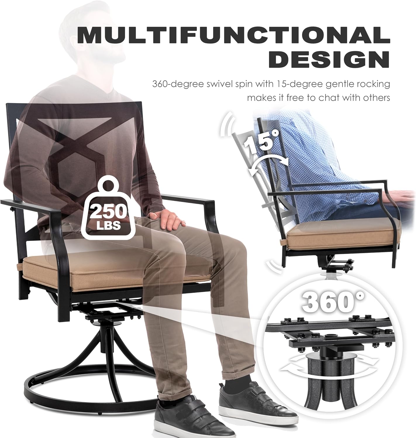 NUU GARDEN Outdoor Patio Swivel Chair Set of 2, Iron Swivel Rocker Dining Chairs with Padded Cushions, Comfortable Outdoor Chairs for Patio, Garden, Backyard & Balcony, Black and Beige