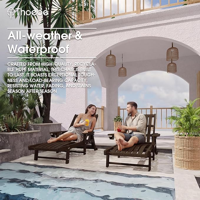 Patio Chaise Lounge Chair Set of 2, Oversized Lounge Chair Outdoor with 5 Positions, HDPE, Patio Lounge Chair with Wheels & Cup Holder for Pool, Deck, Poolside,Brown