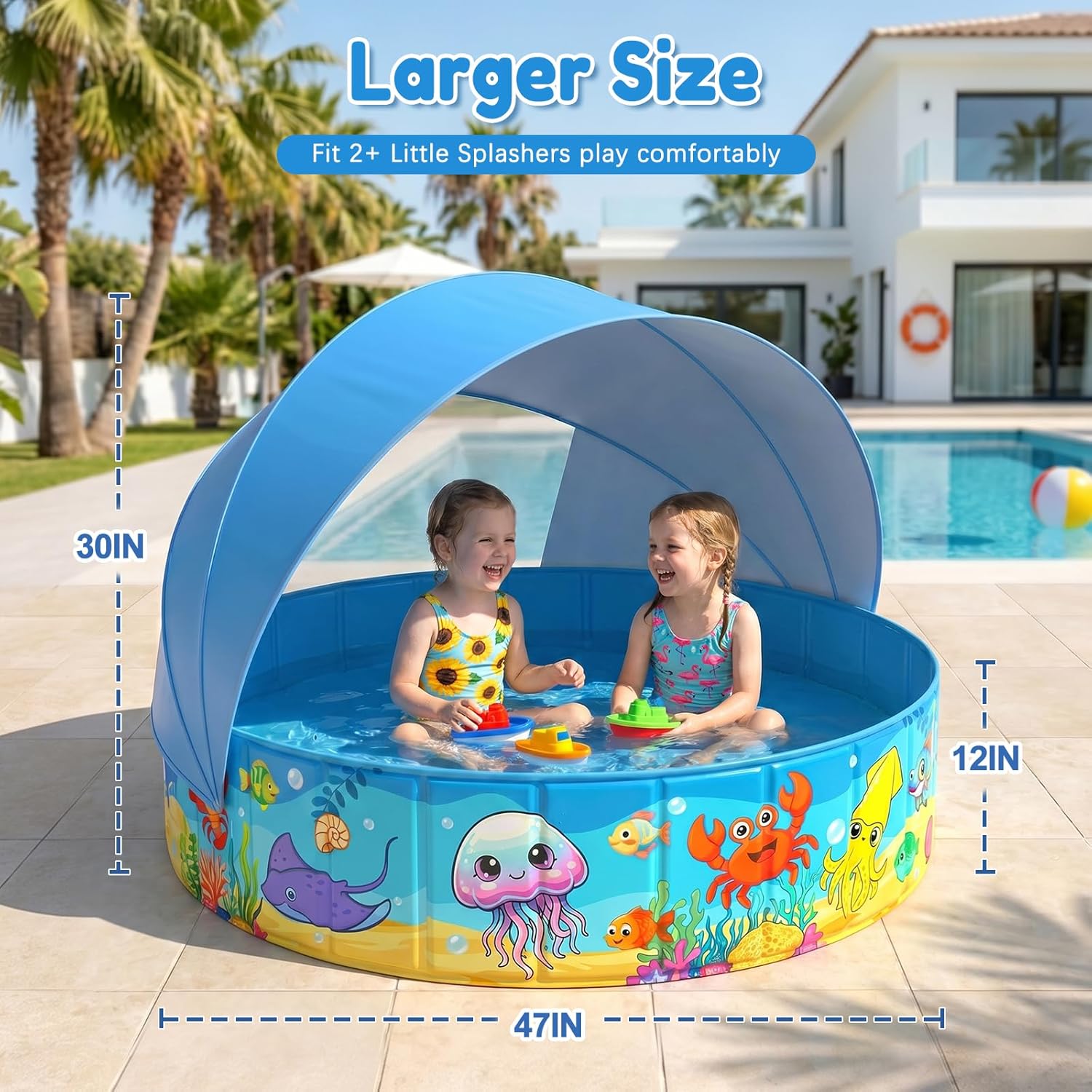 Foldable Kiddie Pool with Canopy 47IN Baby Swimming Pool for Kids | 47IN Toddler Baby Pool with UPF 50+ Shade, Carry Bag Non-Slip, Non-Inflatable Portable Water Play Pool for Backyard Beach
