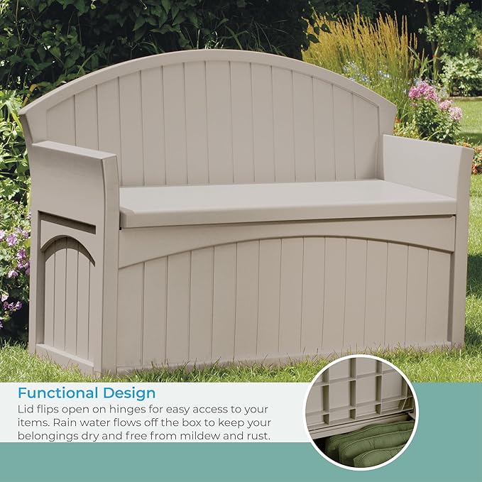 Suncast Outdoor Storage Bench - 50 Gallon Taupe Resin Outdoor Bench with Storage for Cushions, Tools & More. All-Weather Patio Deck Box with Seat for Porch, Pool, Yard, & Garden, Made in USA