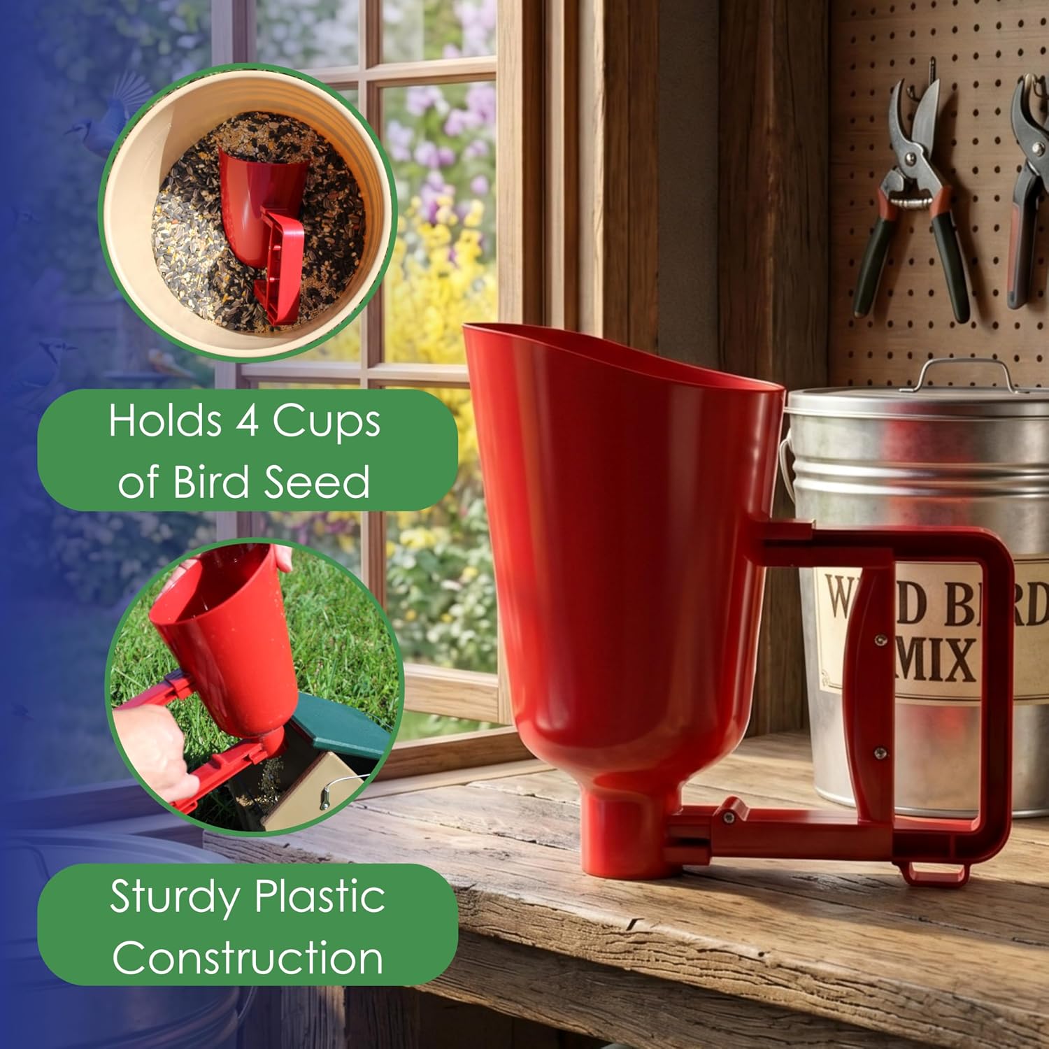 Bird Seed Scoop, Quick Release Plastic Scoop for Ease in Filling Bird Feeders, Holds 4 Cups of Seed | One-Hand, Mess-Free Fill - Doubles as a Funnel for All Feeder Types - Holds Up to 4 Cups of Seed