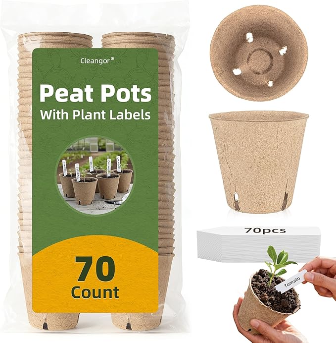 70Pcs Biodegradable 4” Peat Pots with 70Pcs Plant Labels, Biodegradable Seed Starter Pots with Drainage Holes, Nursery Pots for Seedlings, Herbs, Vegetables, Flowers, Gardening Kit