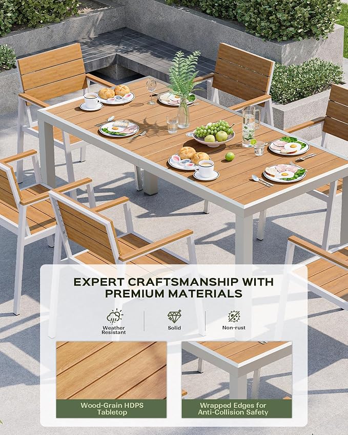 7-Piece Outdoor Dining Set, Aluminum Dining Table Set for 6, Patio Table and Chairs Set with Umbrella Hole, All Weather HDPS Outdoor Table and Chairs for 6 (White-Teak)