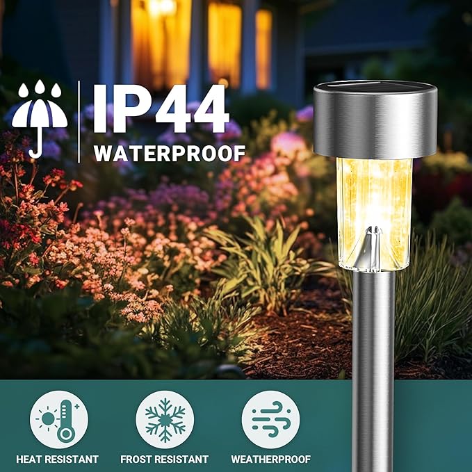 GIGALUMI Solar Lights Outdoor Waterproof, 12 Pack, Stainless Steel LED Solar Garden Lights for Patio, Lawn, Yard and Landscape, Garden Decor Patio Decor,Warm White