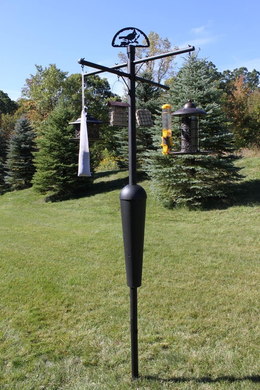 Squirrel Stopper Deluxe Squirrel Proof Bird Feeder Pole with Patented Spring Baffle, Heavy Duty Galvanized Steel Pole System with Auger, Raccoon Proof, Holds Up to 8 Feeders and Accessories - Black