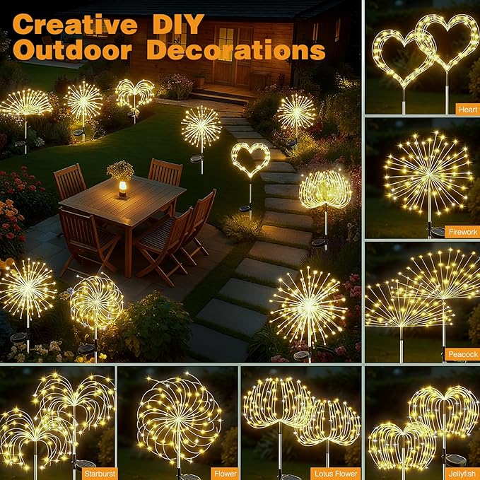 btfarm 1 Pack Solar Garden Lights Outdoor, 8 Modes Firework Lights Solar Powered, Waterproof Twinkle Fairy Light Outside for Yard Patio Pathway Pool Christmas Party Decorative, Warm White