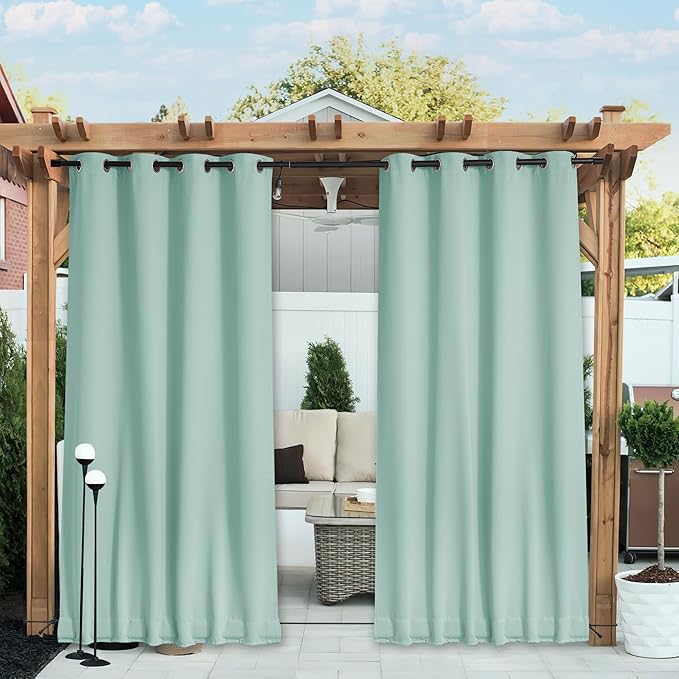 NICETOWN 2 Panels Weighted Blackout Aqua Blue Outdoor Curtains for Patio Waterproof, Top & Bottom Grommet & Back Tab Fixed Windproof Drapes Thermal Insulated for Pool with Rope, W52 x L84