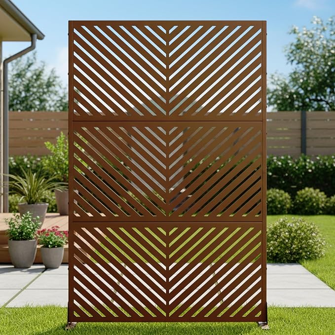 Casaphoria Metal Privacy Screen Outdoor, 72" H x 47" W Freestanding Decorative Privacy Screen for Patio Deck Balcony Garden with Stable Base, Brown-Parallel