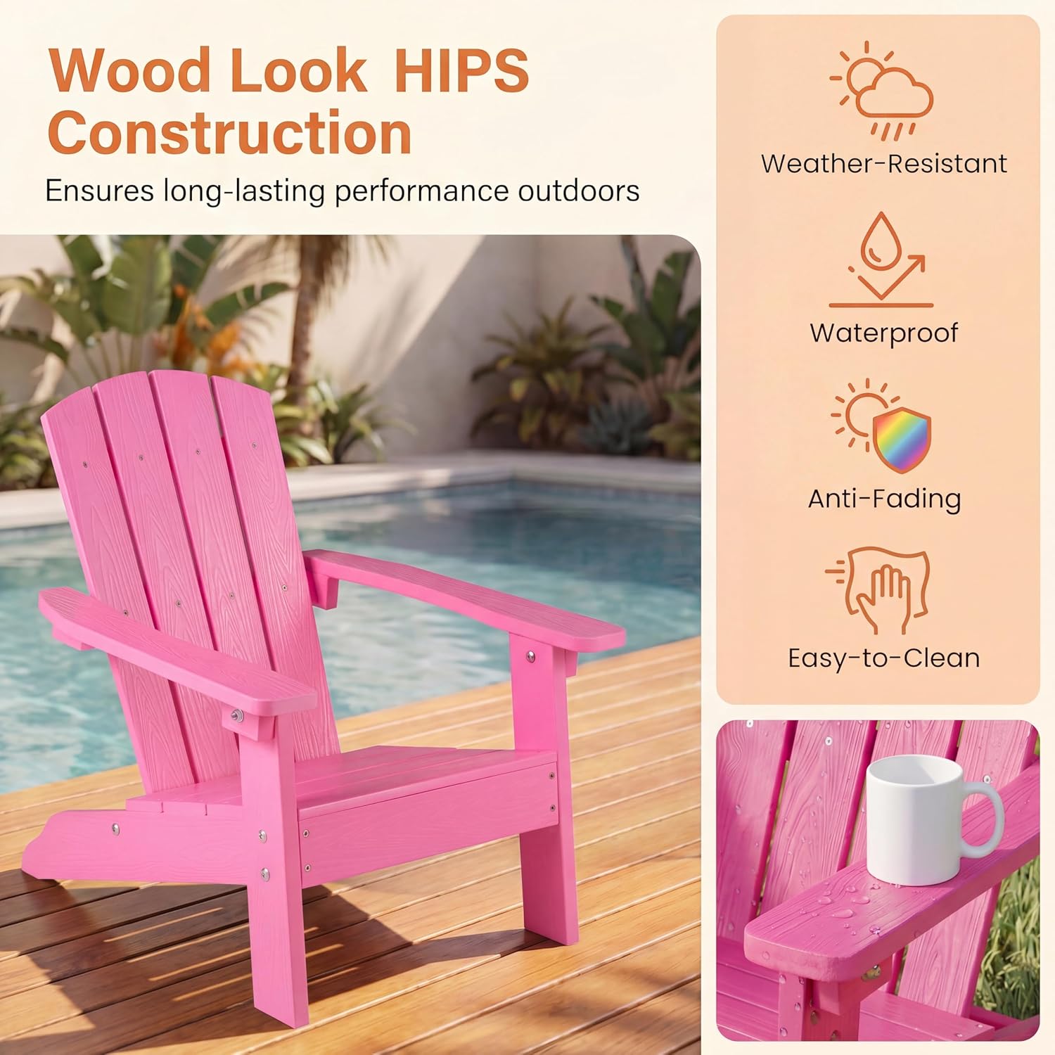 Costzon Kids Adirondack Chair, All-Weather HIPS Patio Chair with High Backrest, Armrests, Fire Pit Chair for Kids Ages 3-8, Indoor Outdoor Kids Patio Lounge Chair for Garden, Lawn, Yard (2, Pink)