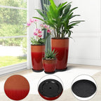 24/21/12 Inch Large Plastic Planter, Lightweight Ceramic-Look Tall Planters with Drain Hole & Saucers, Tall Plastic Planters for Porch, Garden, Patio, Balcony(Fiery Red)