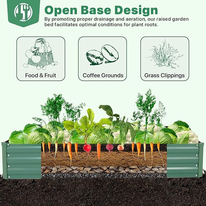 ONCEMORE Galvanized Raised Garden Bed for Vegetables Flowers Herbs, Metal Raised Garden Bed Kit with 2 PCS Tomato Cage, Gloves, Trellis Netting, Plant Labels, Plant Ties, Green 6×3×1FT
