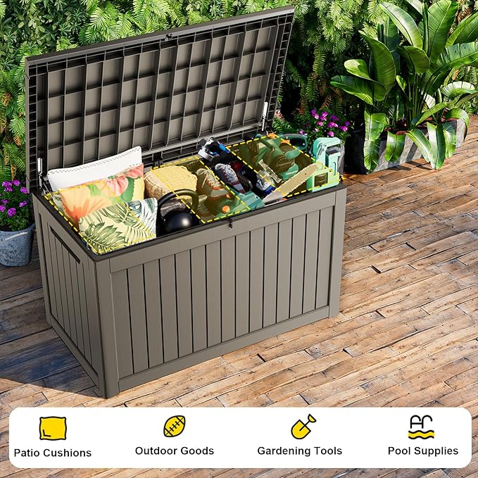 ROJIK Outdoor Storage Housing Deck Box,Waterproof Patio Furniture, Garden Tools,Cushions,Pool Accessories Storage Bench with Lockable Lid and Side Handles (Grey,280 Gal)