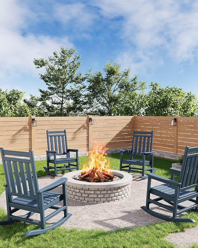 HDPE Rocking Chair Outdoor Set of 4 - Poly High Back Porch Rocker Chairs for Adults - All Weather Resistant Furniture for Patio Front Porch - Navy Blue