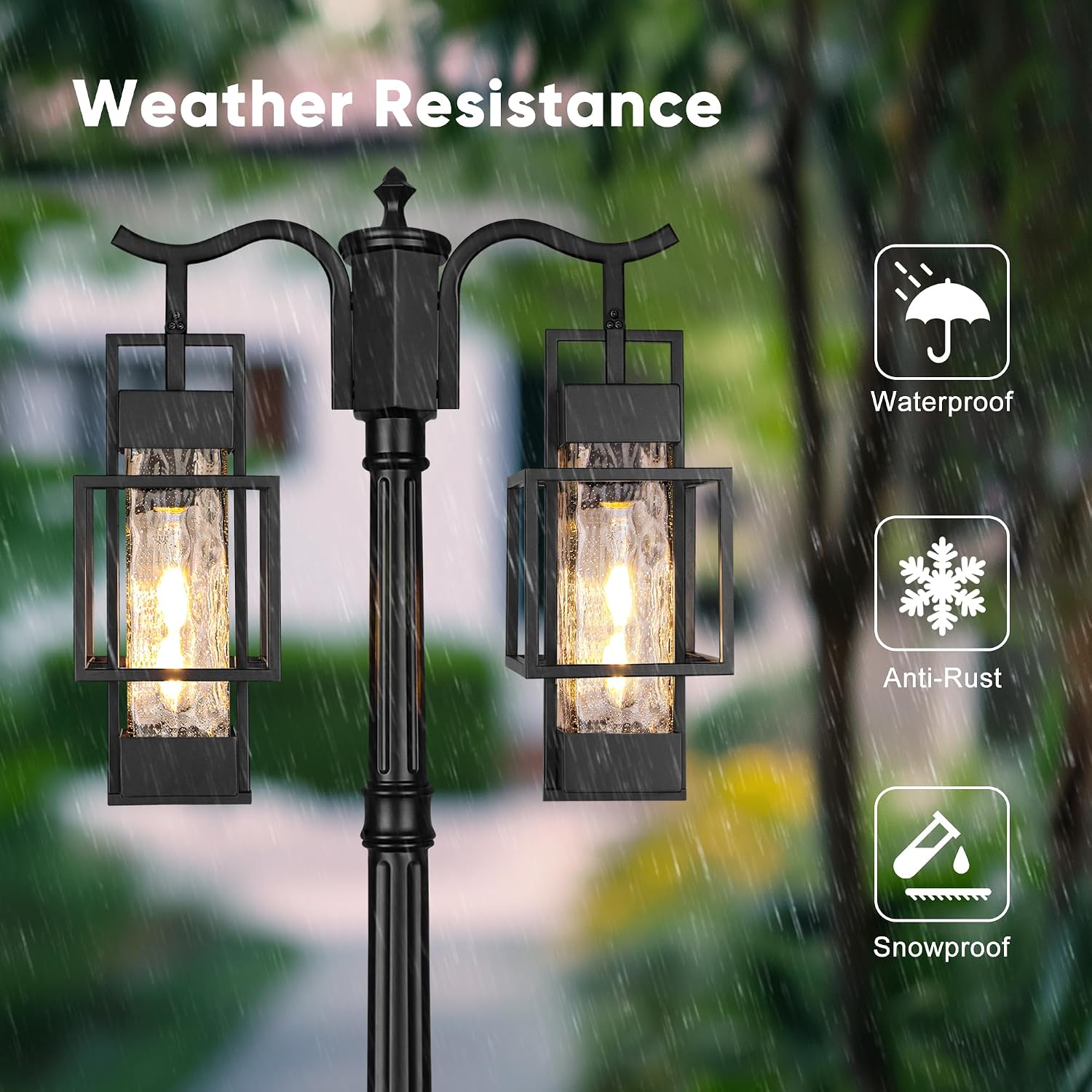 Modern Outdoor Lamp Post Light 2-Head, Hardwired Street Light Post for Outside Metal Pole Light Outdoor Lighting with Water Glass Shade for Garden Patio Backyard Walkway Driveway