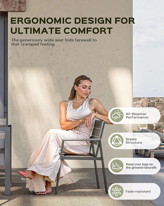 Outdoor Dining Chairs Set of 2, HDPS + Aluminum Patio Dining Chairs with Ergonomic Design and Wide Seat, 2 Piece Outdoor Chairs for Garden, Backyard, Deck (Gray)