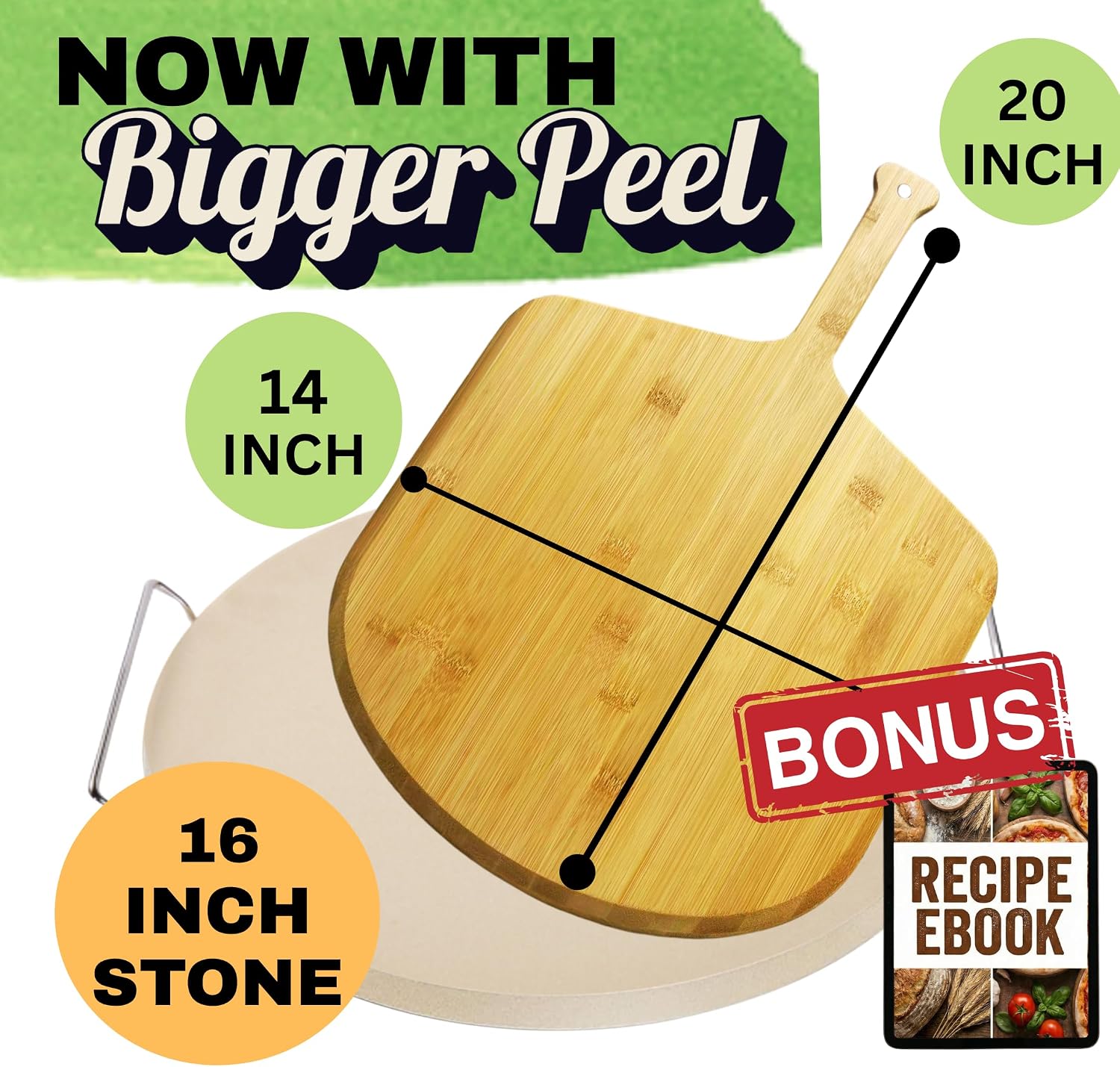 Large Pizza Stone for Oven 16 inch - Round Pizza Stone for Grill with Handles, Wood Pizza Peel and Cutter Set - Baking Stone for Bread - Pizza Making Kit Accessories - Gifts for Food Lovers