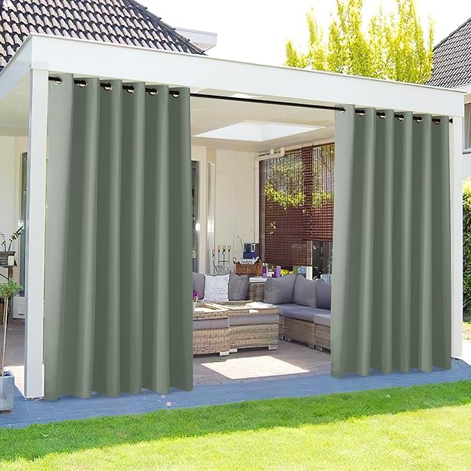 NICETOWN Outdoor Curtains for Patio Waterproof Extra Wide 84", 2 Panels Sun Blocking Vertical Blinds Thermal Insulated Stainless Grommet for Front Porch/Gazebo/Pergola, Sage Green, 84" Long