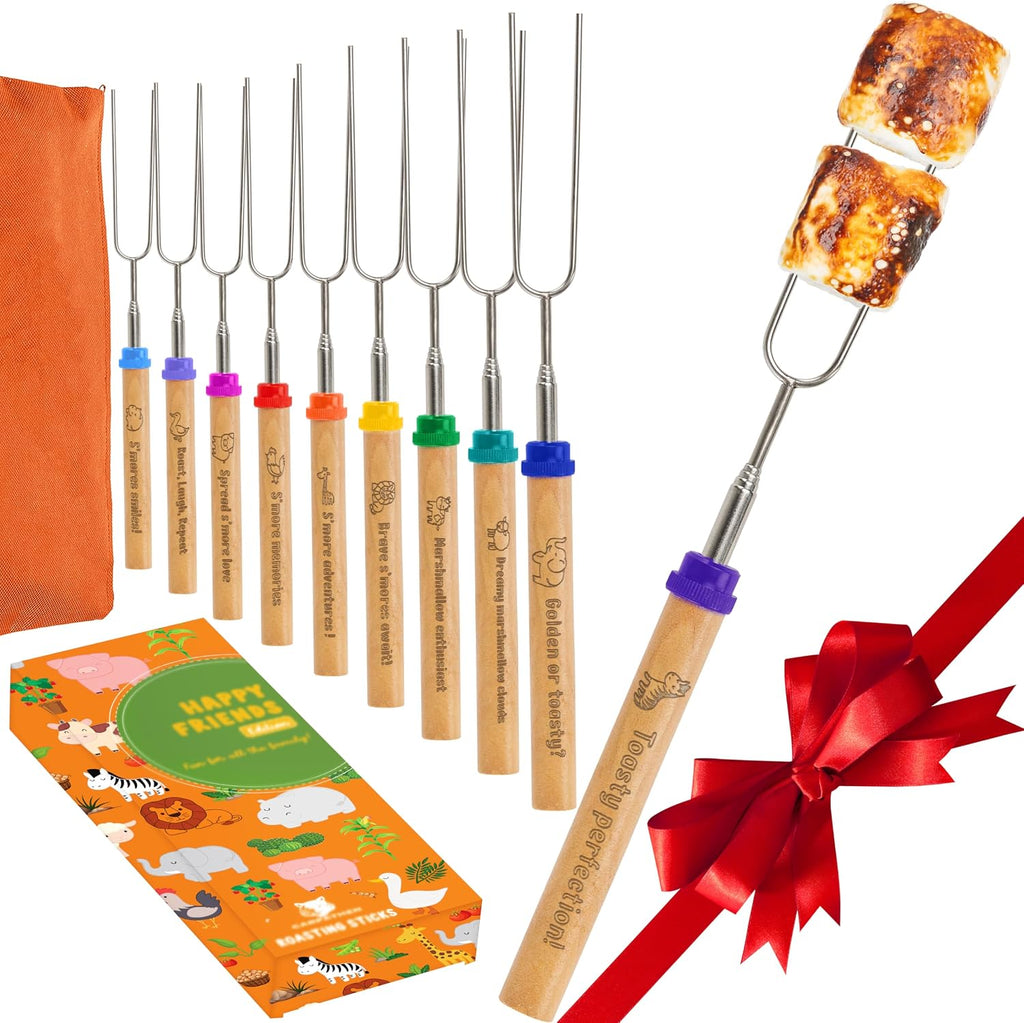 Smores Sticks, Marshmallow Roasting Sticks for Fre Pit, 10 pcs | Perfect as a Gift - Beautifully Engraved Handles - Telescoping Stainless Steel Hot Dog Sticks Skewers