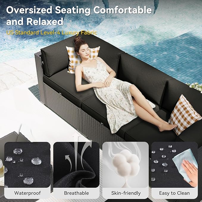 Aoxun Patio Furniture Set, 11 Piece Outdoor Sectional Sofas with Waterproof Cover, 10 Seats Wicker Rattan Outdoor Furniture Patio Conversation Set for Backyard, Garden Black