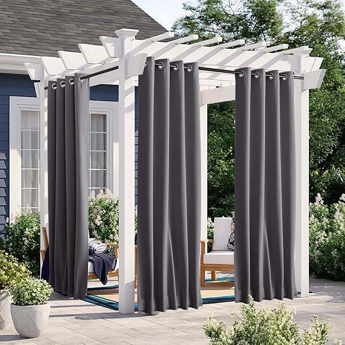 NICETOWN 2 Panels Windproof Blackout Outdoor Curtains for Patio Waterproof, Grommet & Back Tab on Top & Bottom Heavyweight Drapes Privacy for Pergola with Bouns Rope for Fixed, Grey, W46 x L80