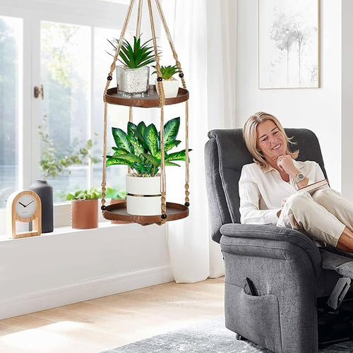 2 Tier Macrame Plant Hanger | Plant Hanger Indoor, Hanging Planter | Hanging Planter Shelf (Jute) (Large, 12" Shelf)