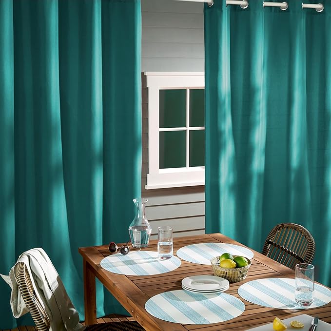 Town & Country Basics Cabana Solid Heavyweight Indoor Outdoor Curtains, Light Filtering Opacity with Grommet Top, Water Repellent, 2-Pack Set, 54"x63", Dark Teal