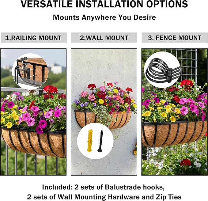 24“ Window Box Railing Planter with Coco Liner Metal Wall-Mounted Coconut Liner Planter Basket English Horse Trough Planters for Outdoor Deck Balcony Porch Fence Patio Black (4 Pack)