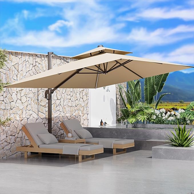 9' X 12' Patio Umbrellas Double Top Large Rectangle Umbrella Heavy Duty 360°Rotation Offset Cantilever Outdoor Umbrella for Garden Deck Pool Patio,Brown