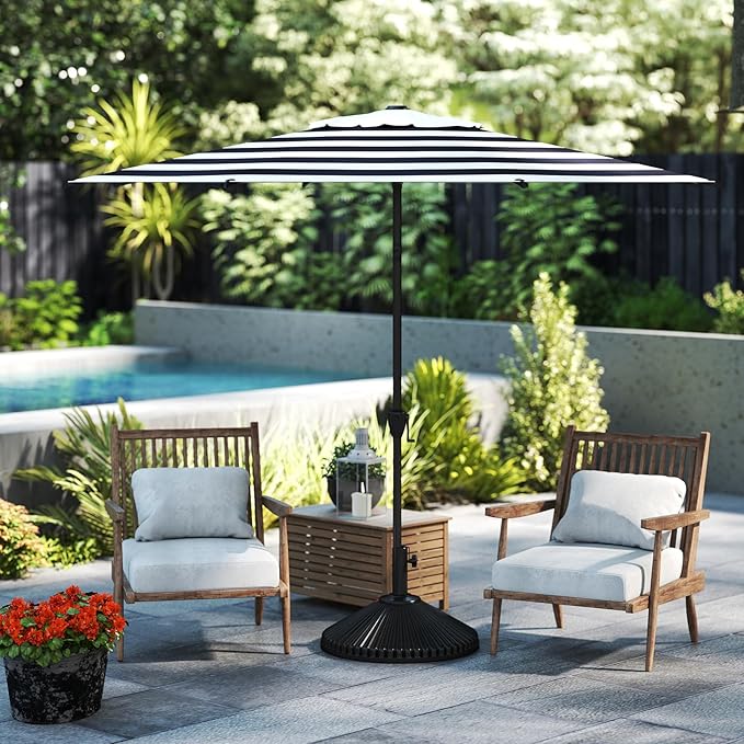 Abba Patio 9FT Lyon Outdoor Patio Umbrella Outdoor Table Umbrella with Crank Market Umbrella 8 Sturdy Ribs UV Protection Waterproof and Push Button Tilt for Garden Deck Backyard Pool,Black & White Stripe
