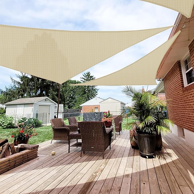 Patio Paradise 16' x 16' x 15'10" Sun Shade Sail Triangle Canopy, Permeable Shade Cloth Fabric Sunlight Block Patio Cover HDPE Deck Awning for Outdoor Backyard Pergolas Roof Shading, Beige
