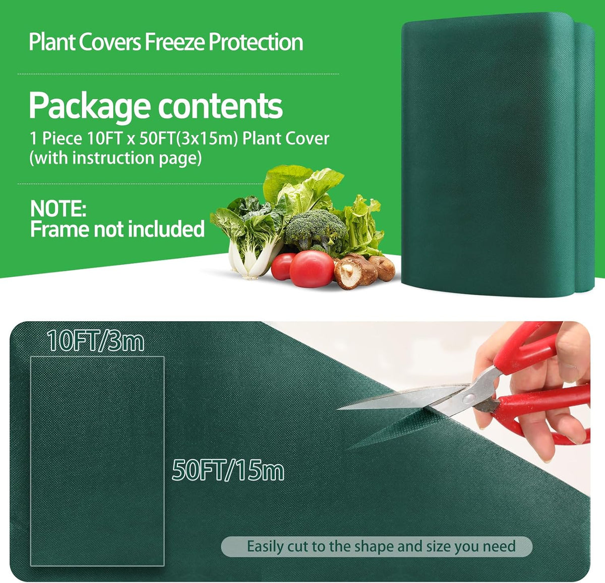 plant covers freeze protection, 10x50ft green frost blanket shown in use