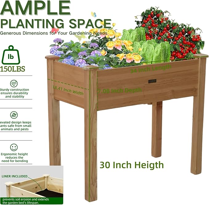 34x18x30in Wooden Raised Garden Bed with Legs,Elevated Reinforced Planter Box with Bed Liner for Backyard/Patio/Gardener,150lb Capacity - Acorn Brown