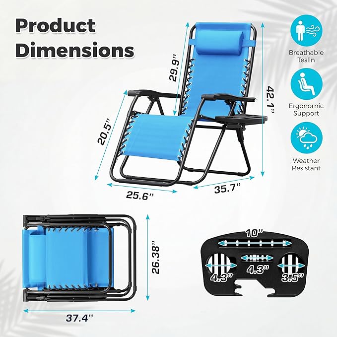 Homall Zero Gravity Chair Patio Folding Lawn Outdoor Lounge Gravity Camp Reclining Lounge Chair with Cup Holder Pillows for Poolside Backyard and Beach Set of 4 (Sky Blue)