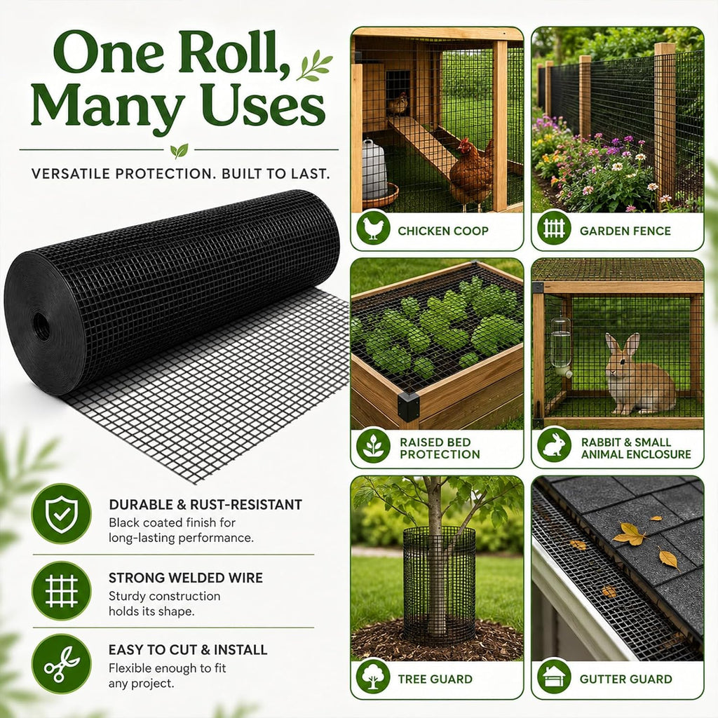 Black Hardware Cloth 1/2 in. x 4 ft. x 100 ft. 19-Gauge | Vinyl Coated Chicken Wire Mesh Roll, Chicken Wire Fencing, Garden Fencing, Rat Wire, Gopher Mesh